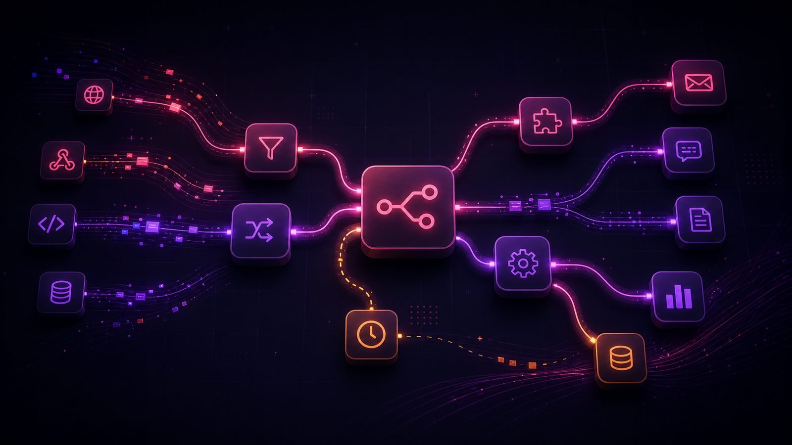 Abstrakcyjna ilustracja przepływów automatyzacji n8n z połączonymi węzłami workflow